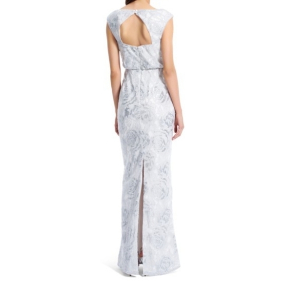 Adrianna Papell Silver White Lace Sequin Blouson Column Gown Brigerton Size 4 - Picture 4 of 13